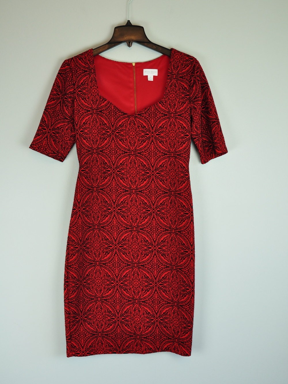 Bisou Bisou Red and Black Patterned Midi Sheath Dress